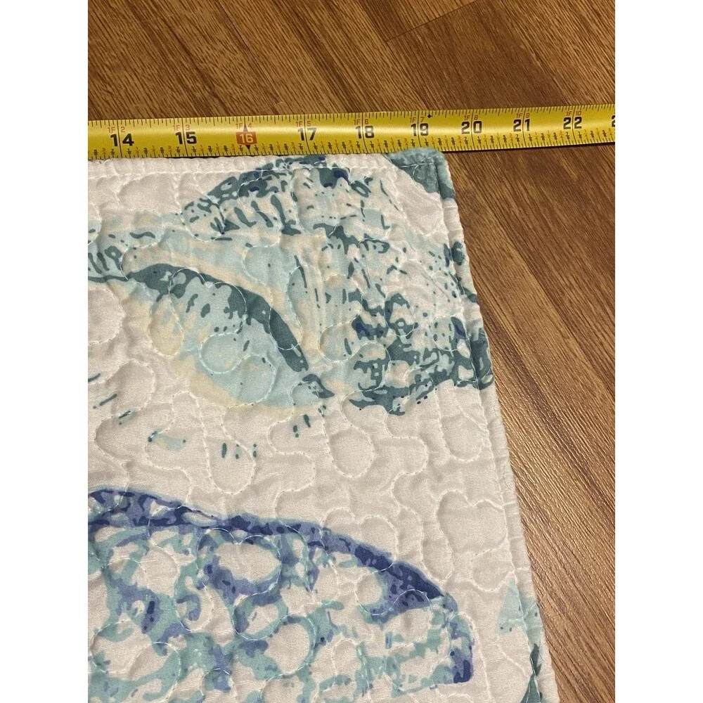 Teal White Quilted Pillow Cover Sham Nautical Coastal Beach Shells Sea Set of 2